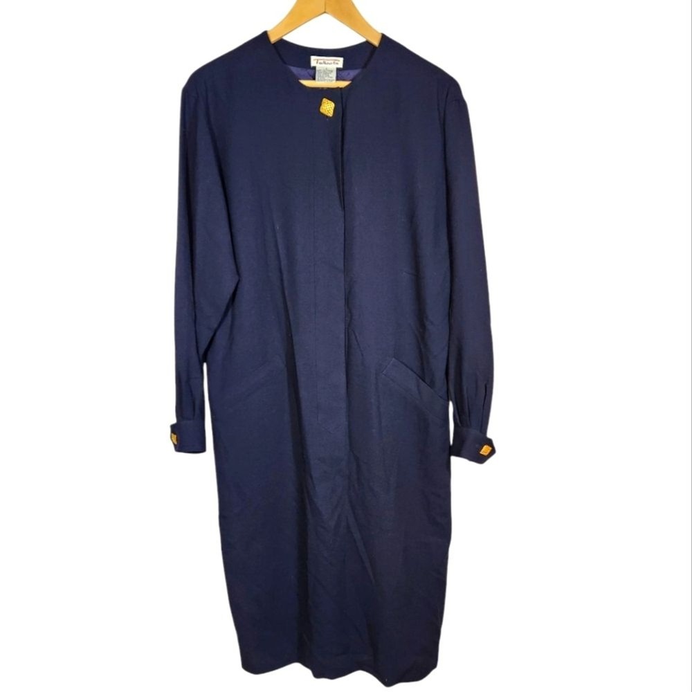 Vintage 90s Talbots Navy Blue Wool Midi Shift Dress Gold Buttons Lined Size 8